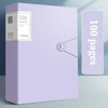 A purple A4 expanding file organizer with a clear pocket divider and a page counter visible.