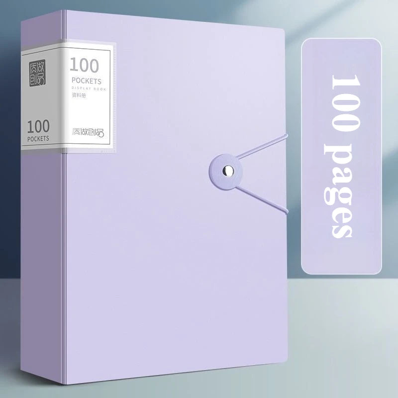 A purple A4 expanding file organizer with a clear pocket divider and a page counter visible.