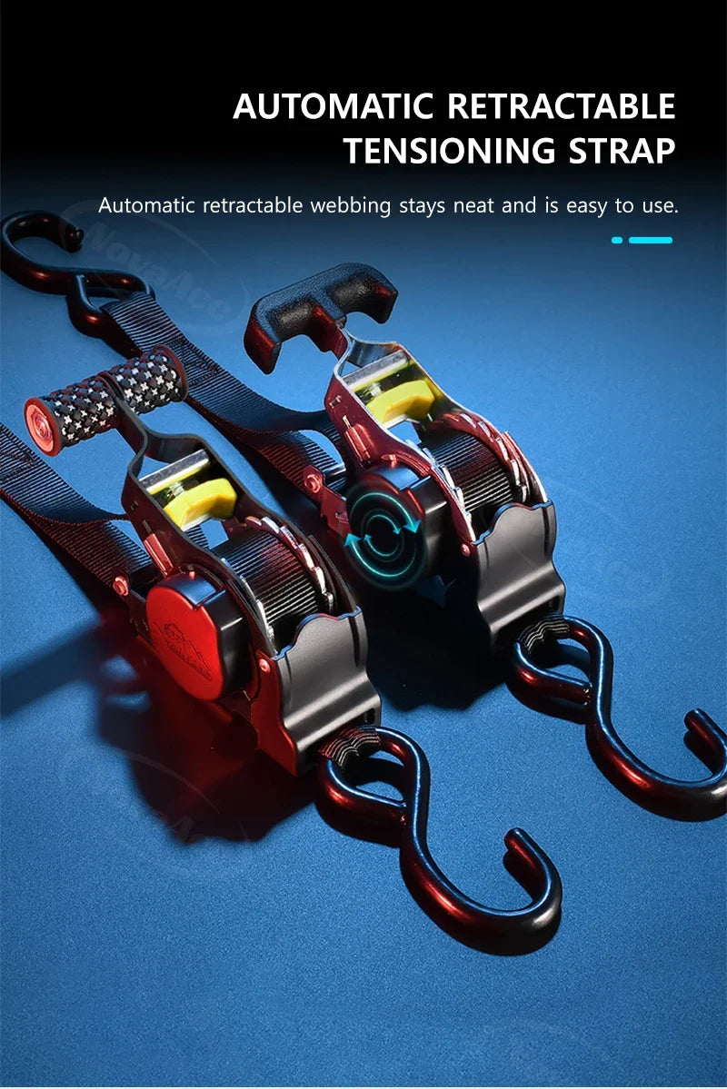 A close-up view of an automatic retractable tensioning strap in black and red, showing its mechanism.