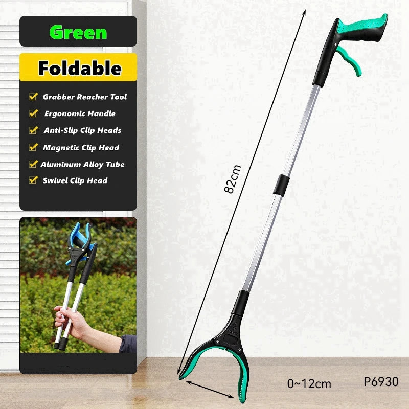 A green foldable grabber reacher tool with a black handle and silver tube is shown against a white background.