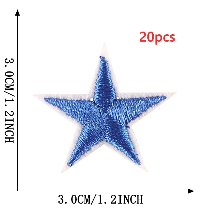 A blue star embroidery patch is shown against a grid measuring 3.0cm by 1.2inch.