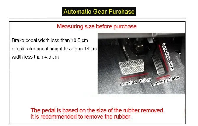 Diagram showing measurements for automatic gear purchase, including brake pedal width, accelerator pedal height, and width li