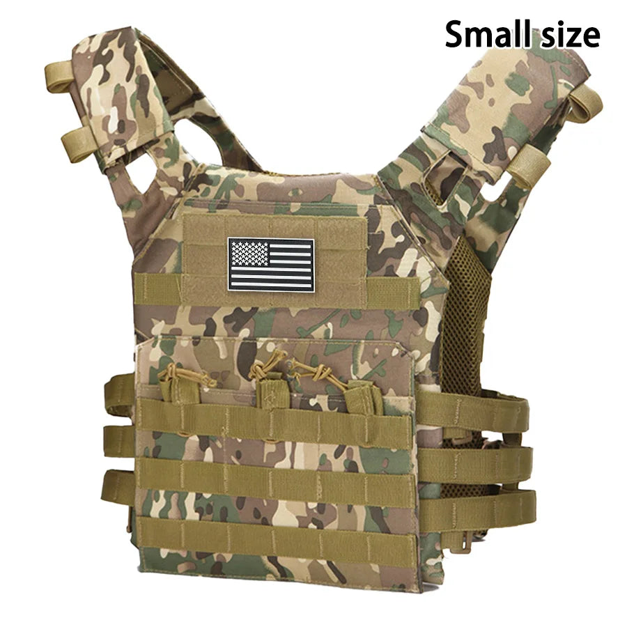 A camouflage training vest with a flag emblem and MOLLE webbing straps.