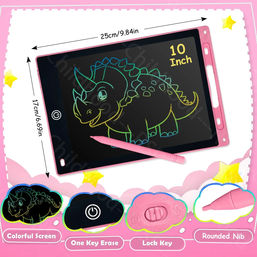 A pink LCD writing tablet showing a dinosaur drawing, with accessories like a pen and eraser visible.