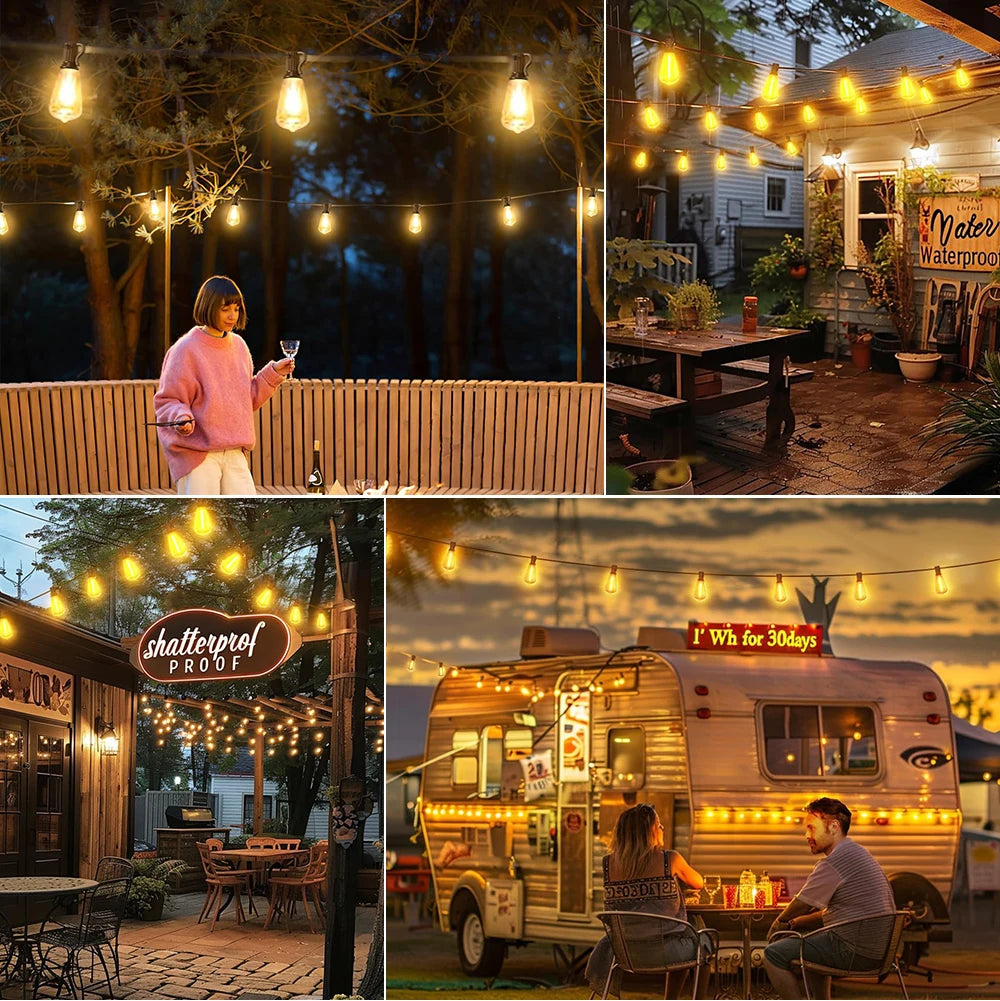 A vintage camper van is illuminated by solar string lights in an outdoor setting.