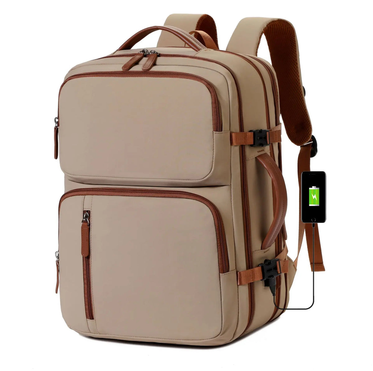 A tan expandable business travel backpack with brown accents and a black electronic device attached.