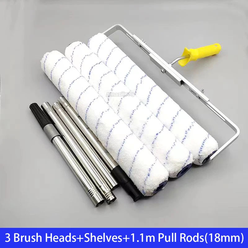 Set of 3 brush heads, shelves, and 1.1m pull rods for paint rollers with aluminum alloy handles