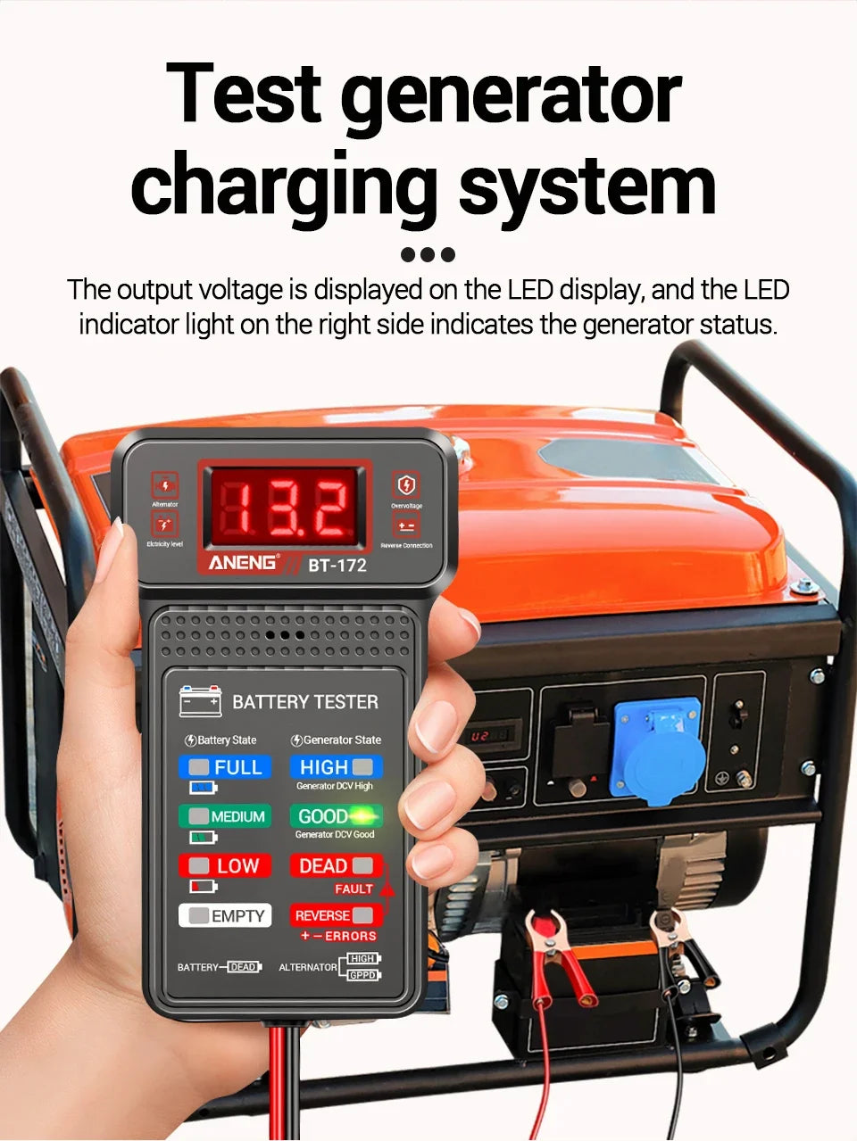 A hand holds an ANENG BT-172 test generator charging system device connected to an orange generator.