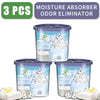 Three reusable moisture absorber boxes for odor elimination, shown next to absorbent materials.