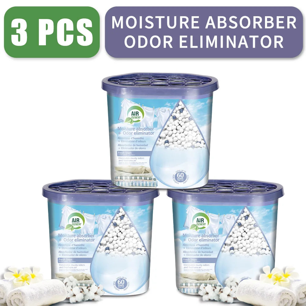 Three reusable moisture absorber boxes for odor elimination, shown next to absorbent materials.