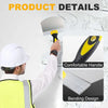 A person is using a yellow and black putty knife with an ergonomic handle to bend a piece of material on a white wall.