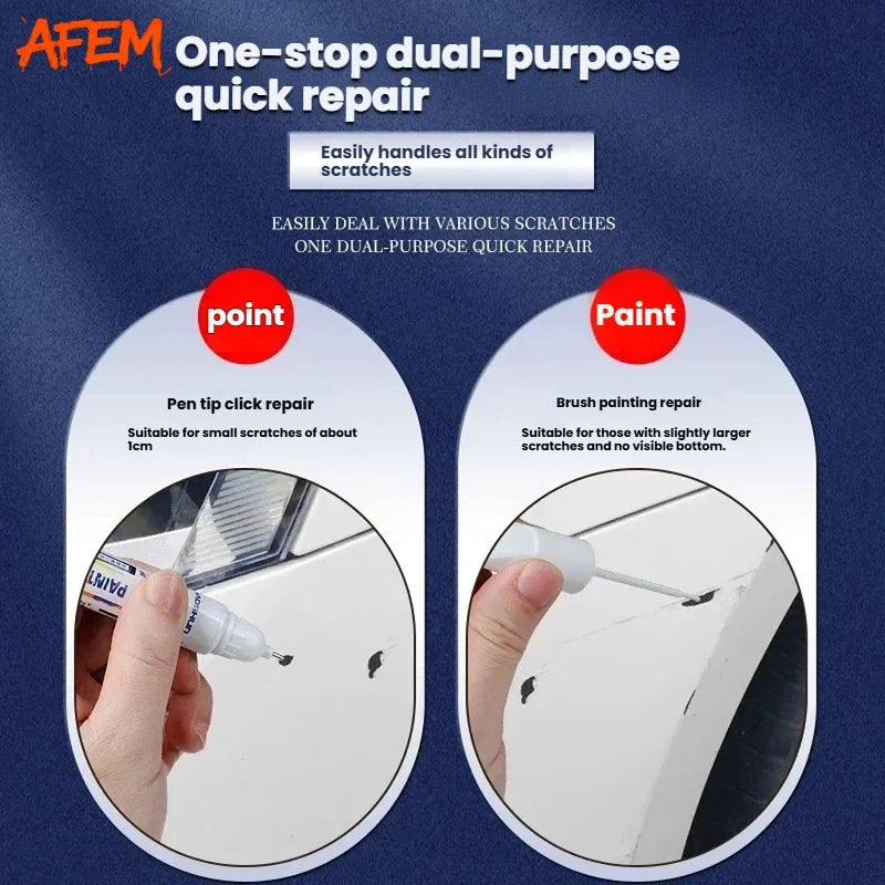 A set of two paint repair tools, a pen tip click repair and a brush painting repair, for scratch fixes.