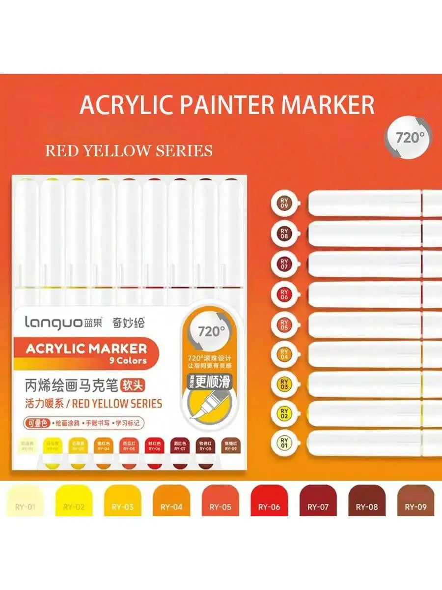 Acrylic painter marker set with 9 colors in the red yellow series featuring fine tips and a 72 degree angle
