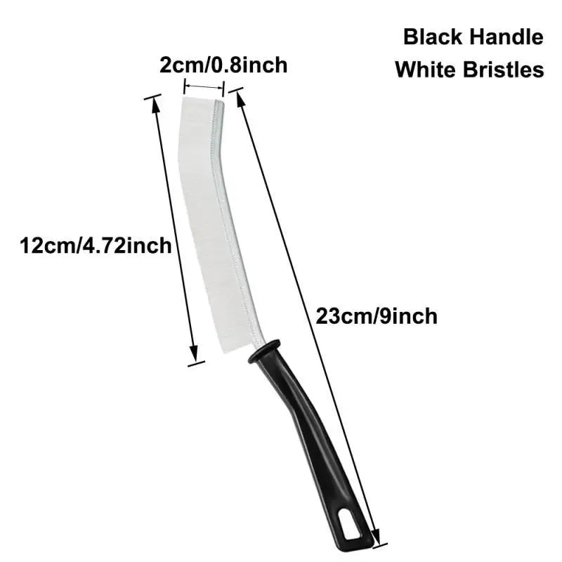 A black handle and white bristles crevice cleaning brush with a 12cm length.