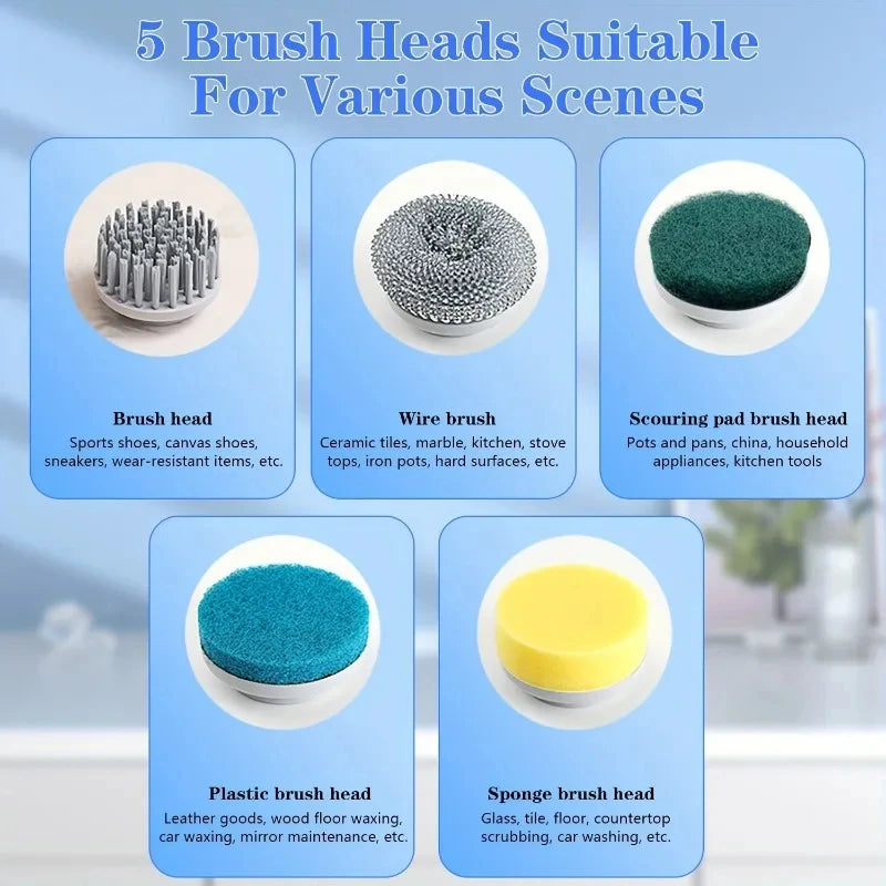 A set of five different brush heads for a cordless electric spin scrubber, including brush heads and a wire brush.