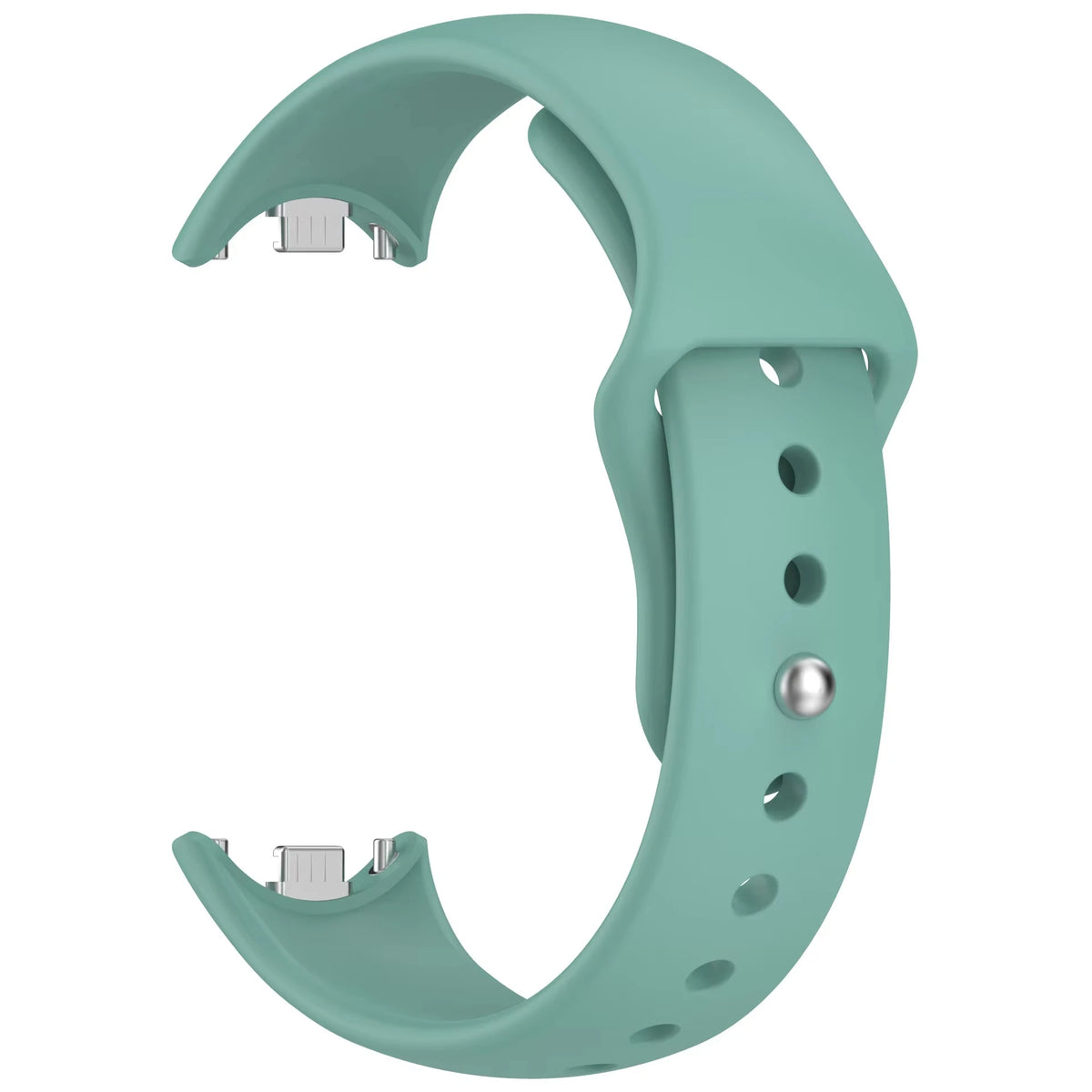 A light mint green silicone replacement strap for a fitness tracker, shown in a curved shape.