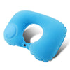 A light blue self-inflating travel neck pillow with a soft flocking cover.