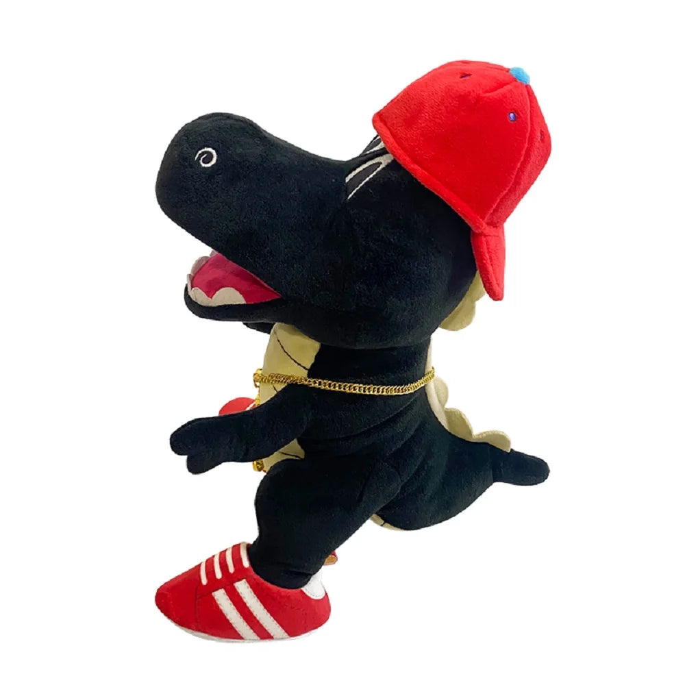 A plush toy of Jeffy, a black dog with a red hat and gold chain, standing in a playful pose.