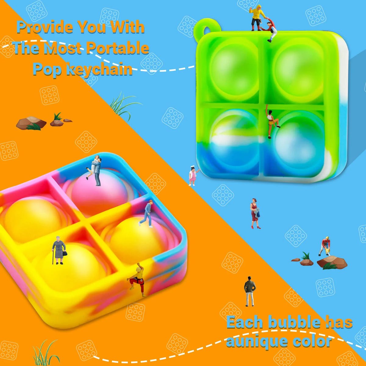 A colorful silicone pop keychain fidget toy in green and yellow, shown alongside a yellow cube version.