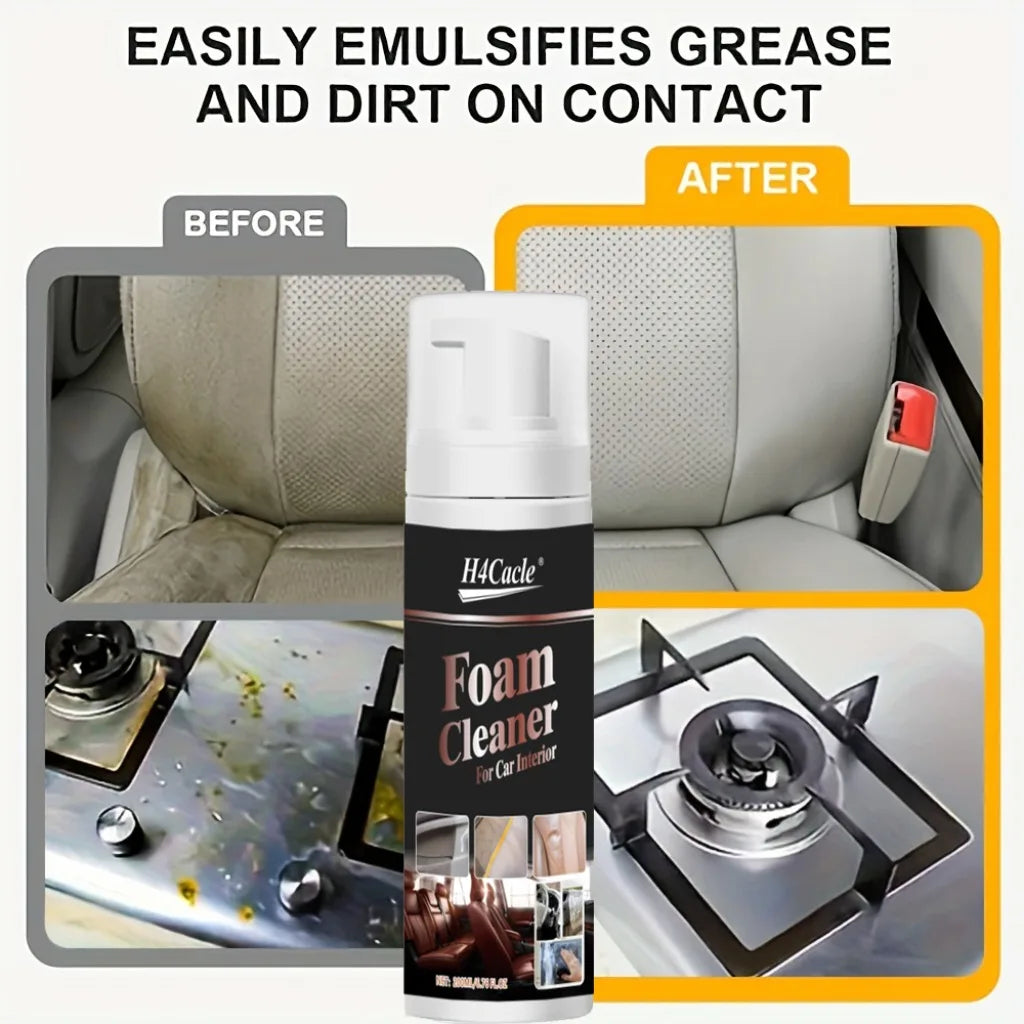 A bottle of foam cleaner spray is shown with before and after images demonstrating its ability to emulsify grease and dirt on