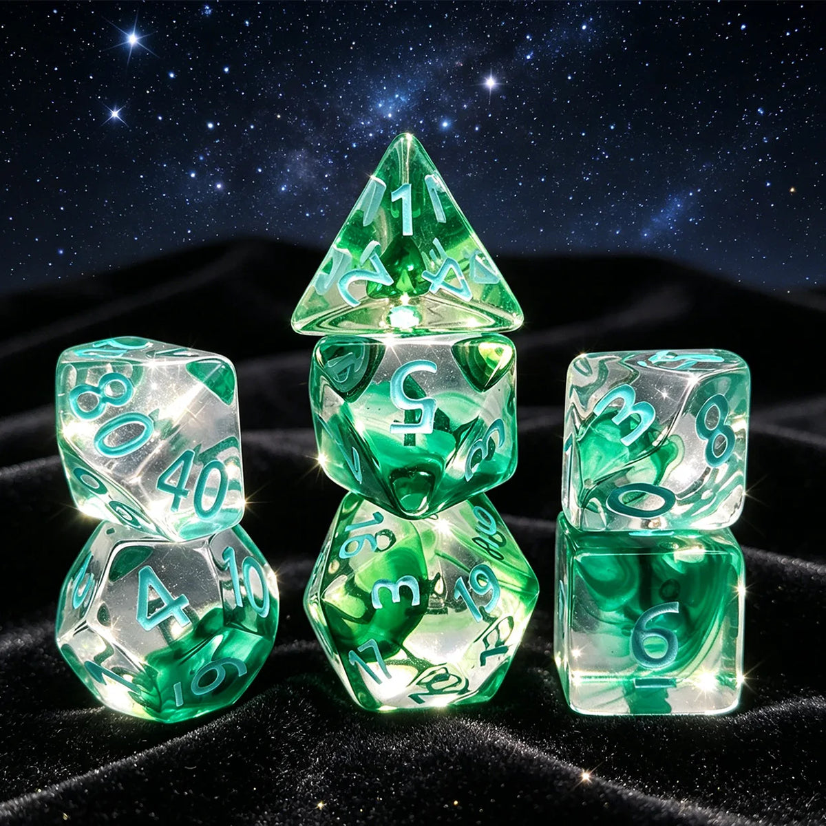 A set of seven fresh green polyhedral gaming dice, including a pyramid and various shapes, displayed on a dark surface under 