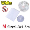 White self-adhesive invisible mosquito screen in M size 1.3x1.5m shown with a window frame and a roll of screen material.
