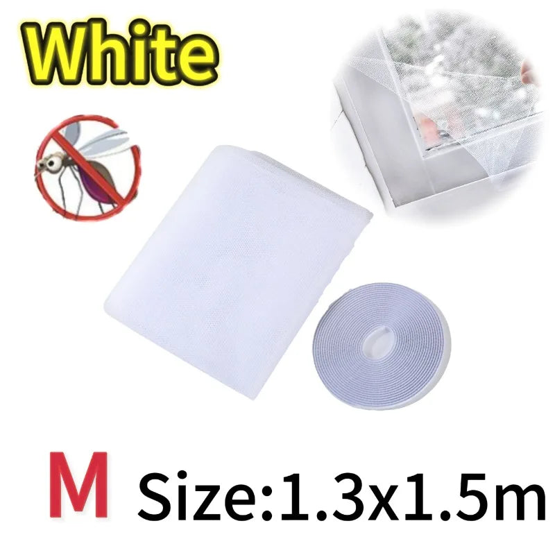 White self-adhesive invisible mosquito screen in M size 1.3x1.5m shown with a window frame and a roll of screen material.