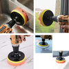 A set of six car polishing pads and a drill adapter for automotive detailing.