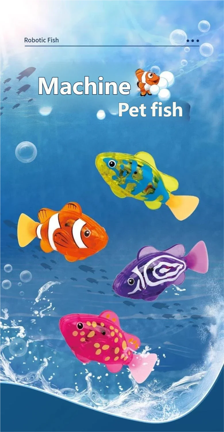Colorful plastic fish toys swimming in blue water with bubbles and waves.