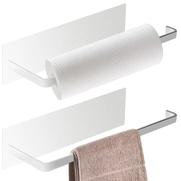 A white magnetic paper towel holder with a roll of paper towels and a folded towel attached.