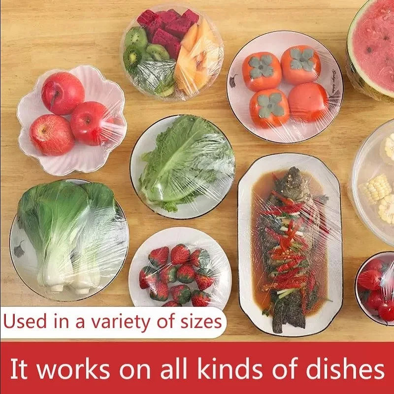 Reusable elastic food covers used to wrap and organize various foods like fruits and vegetables