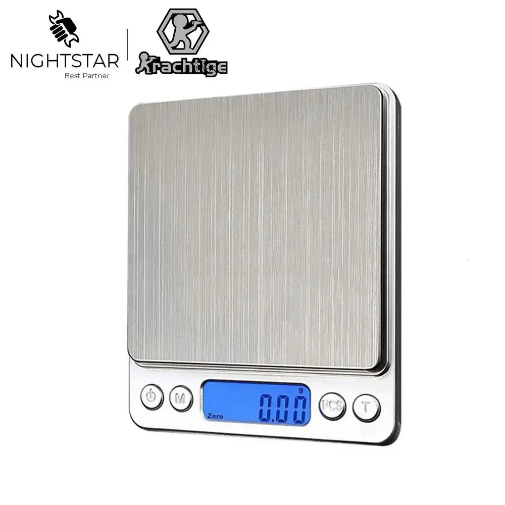 A silver digital pocket scale with a tray and display showing 0.00.