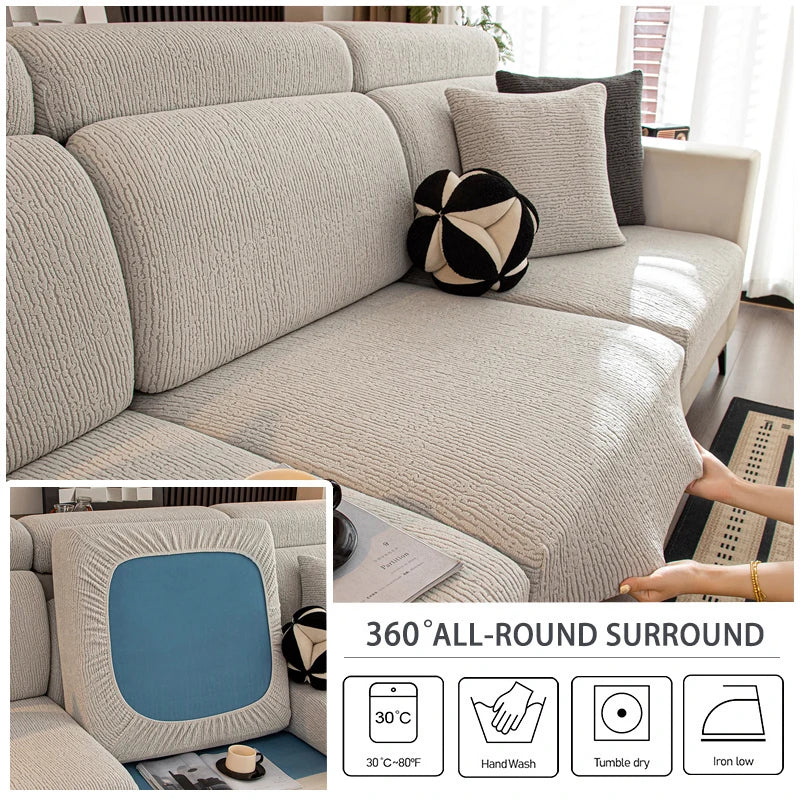 Cubierta de cojín para asiento de sofá elástico beige con instrucciones de cuidado como temperatura y secado.