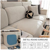 Funda de cojín para asiento de sofá elástico beige con instrucciones de cuidado como temperatura y secado.