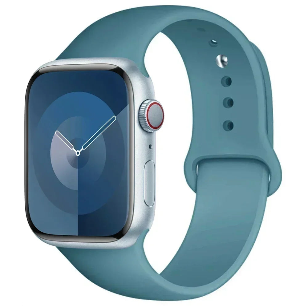 A light blue silicone sport band for an Apple Watch displayed on a white background.