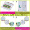 Instructions for matching diamond colors in a DIY diamond art set using a color chart and numbered bags.