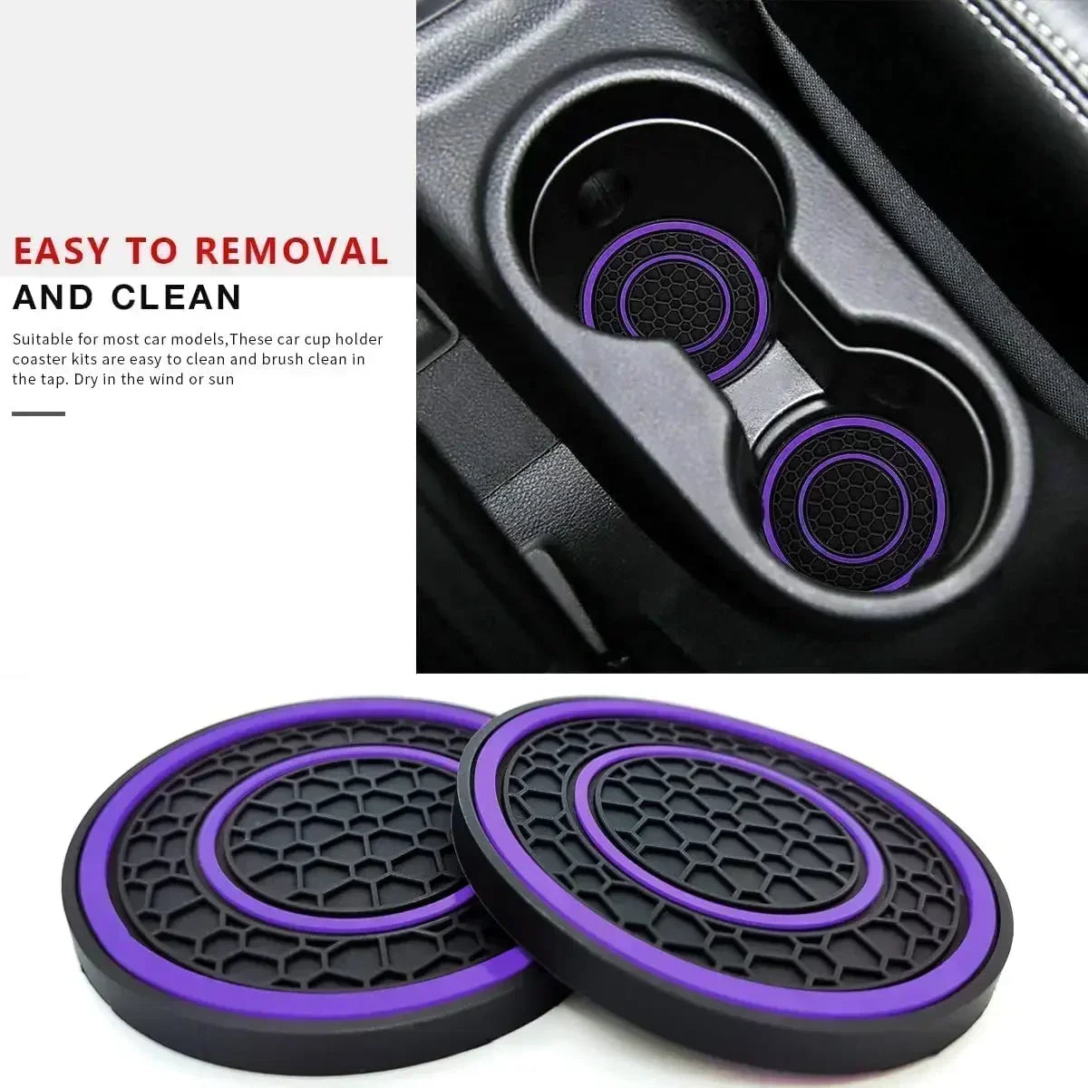 A set of two non-slip silicone car cup holder coasters with purple accents shown next to a car interior component.