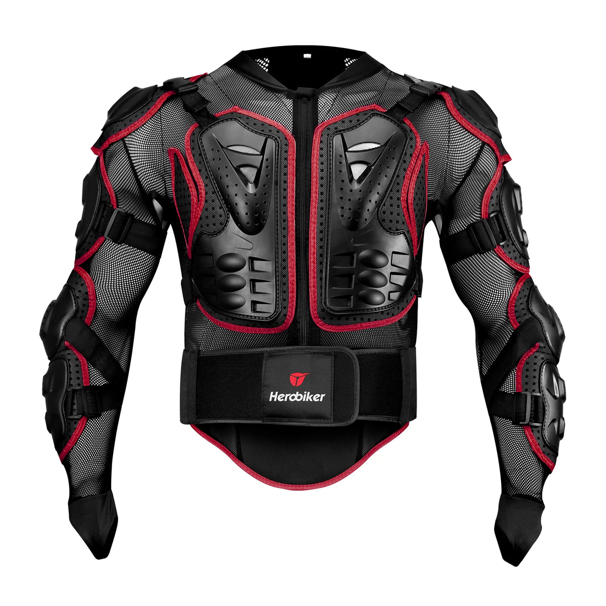 Black motocross armor jacket featuring red accents and impact protection panels.
