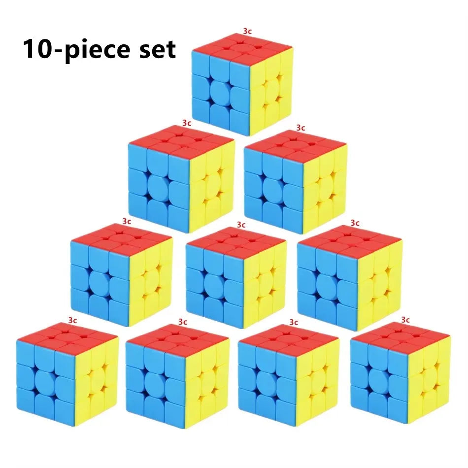 A 10-piece set of red and yellow speed cubes arranged in a pyramid formation.