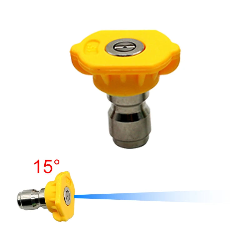Yellow quick-connect pressure washer nozzle with a 15 degree spray angle.
