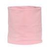A pink cozy cotton blend neck warmer scarf rolled into a cylinder.