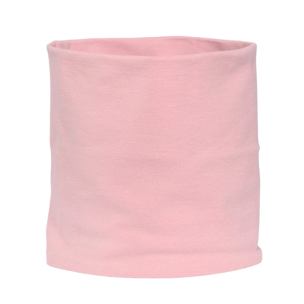 A pink cozy cotton blend neck warmer scarf rolled into a cylinder.