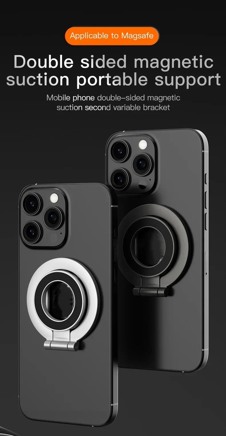 A double-sided magnetic suction portable support for mobile phones shown in a dark background.