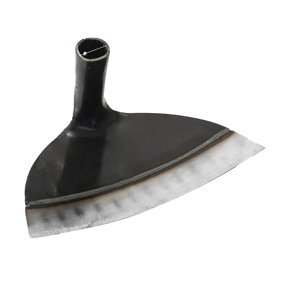 A black stainless steel garden hoe with a pointed handle and a wide, curved blade.
