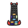 A black silicone teether toy shaped like a remote control with numbered buttons and an OK button.