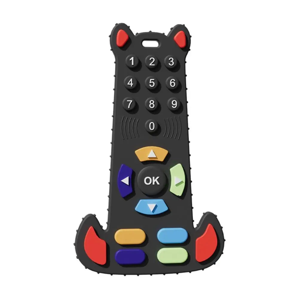 A black silicone teether toy shaped like a remote control with numbered buttons and an OK button.
