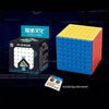 A large stack of blue and red cubes next to a box labeled WCA cube products and a small tutorial card.