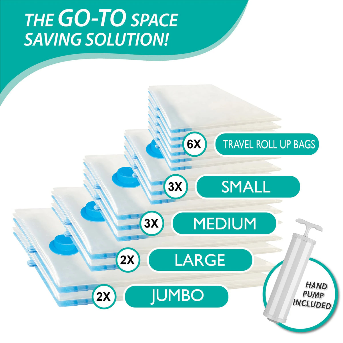 A stack of twenty vacuum storage roll-up bags in various sizes including small, medium, large, and jumbo bags with a hand pum