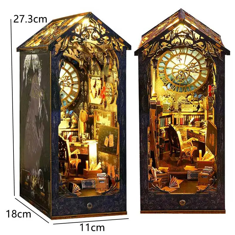 A decorative wooden book nook kit featuring intricate details and internal LED lighting.