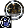 A close-up view of a 7-inch motorcycle LED headlight with angel eyes and daytime running lights.